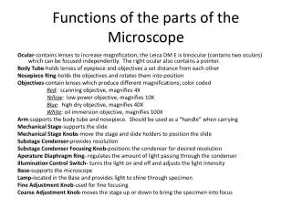 Functions of the parts of the Microscope