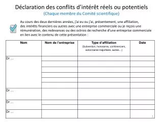 d claration des conflits d int r t r els ou potentiels chaque membre du comit scientifique