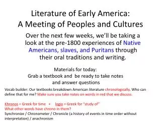 Literature of Early America: A Meeting of Peoples and Cultures