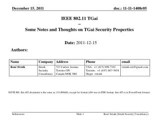 IEEE 802.11 TGai  Some Notes and Thoughts on TGai Security Properties