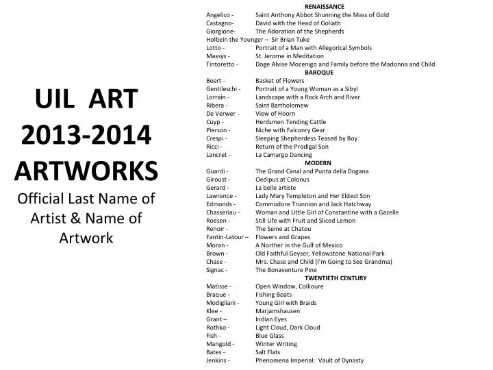 uil art 2013 2014 artworks official last name of artist name of artwork
