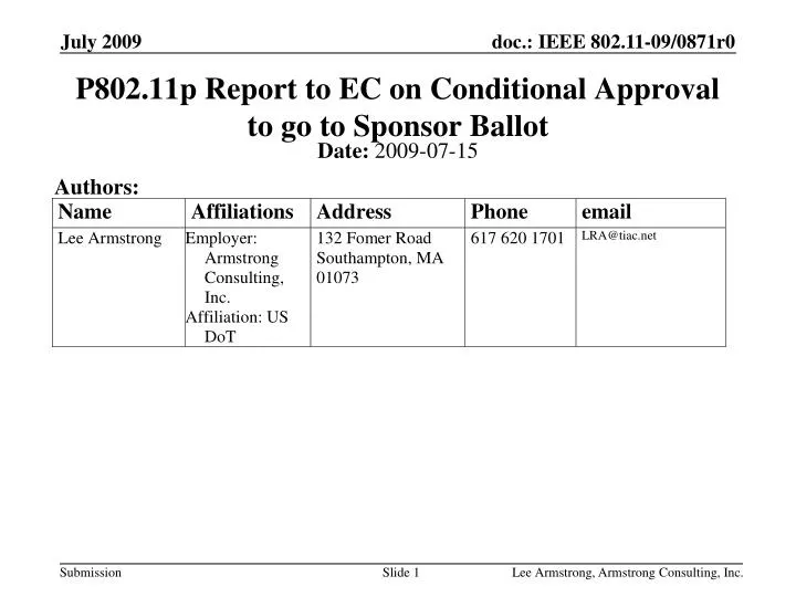 p802 11p report to ec on conditional approval to go to sponsor ballot