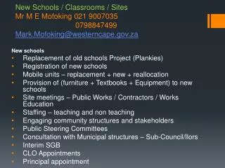New schools Replacement of old schools Project ( Plankies ) Registration of new schools