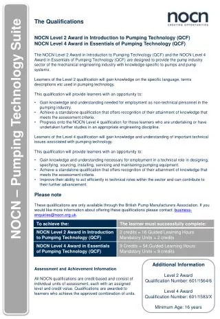 The Qualifications NOCN Level 2 Award in Introduction to Pumping Technology ( QCF )