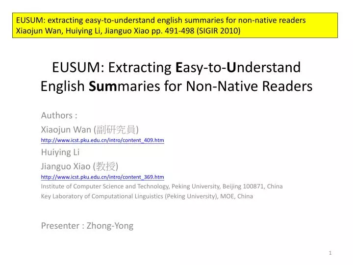 eusum extracting e asy to u nderstand english sum maries for non native readers
