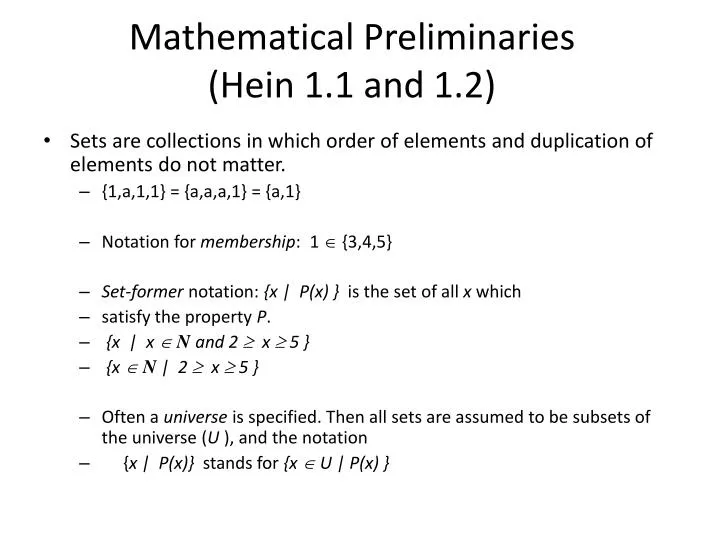 mathematical preliminaries hein 1 1 and 1 2