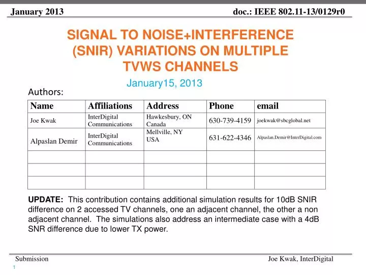 signal to noise interference snir variations on multiple tvws channels