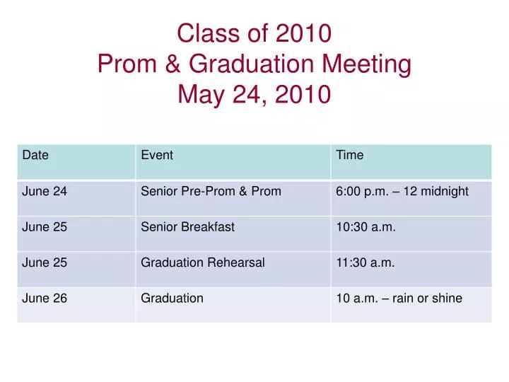 class of 2010 prom graduation meeting may 24 2010