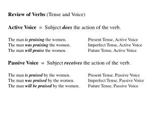 Review of Verbs (Tense and Voice) Active Voice = Subject does the action of the verb.