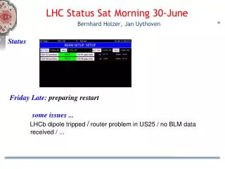 LHC Status Sat Morning 30 - June Bernhard Holzer, Jan Uythoven