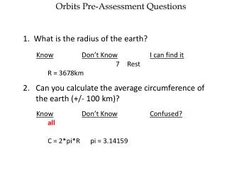 Orbits Pre-Assessment Questions