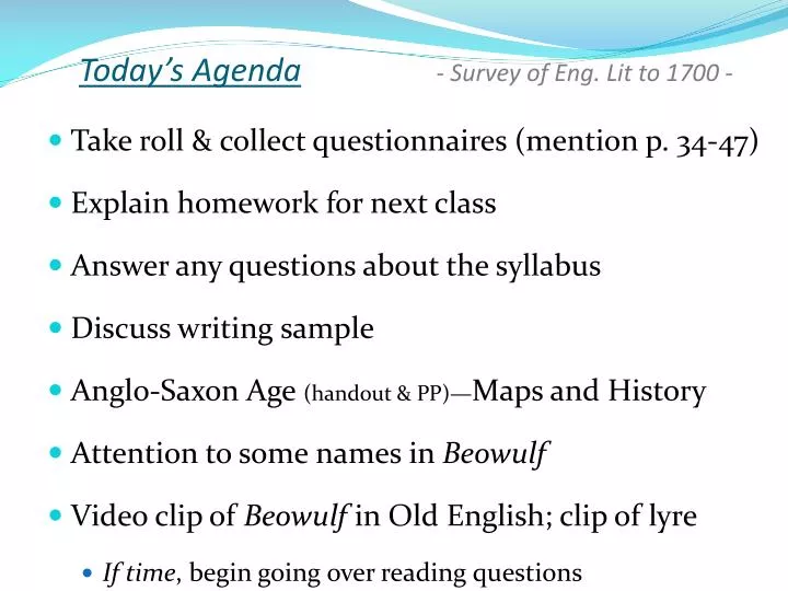 today s agenda survey of eng lit to 1700