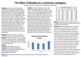 Variables: Independent -nicotine added to pure water Dependent -worm pulsation rate (pulse/minute)