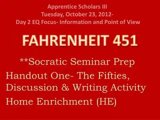 **Socratic Seminar Prep Handout One- The Fifties, Discussion &amp; Writing Activity