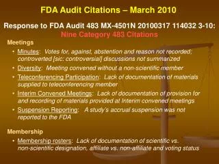 Response to FDA Audit 483 MX-4501N 20100317 114032 3-10 : Nine Category 483 Citations Meetings
