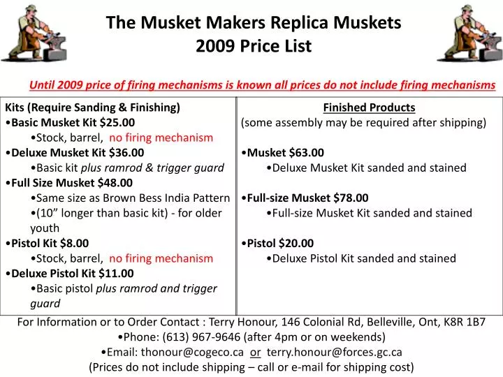 the musket makers replica muskets 2009 price list