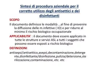 sintesi di procedura aziendale per il corretto utilizzo degli antisettici e dei disinfettanti