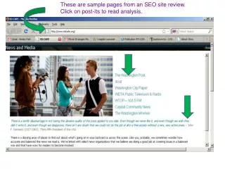 These are sample pages from an SEO site review. Click on post-its to read analysis.