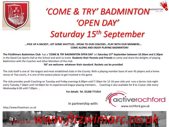 come try badminton open day saturday 15 th september