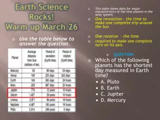 Earth Science Rocks! Warm up March 26