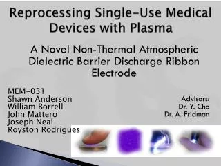 Reprocessing Single-Use Medical Devices with Plasma