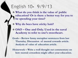 English 10- 9/9/13