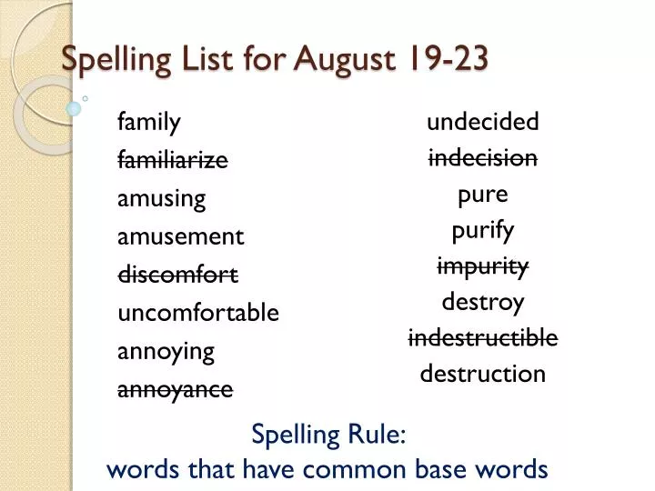 spelling list for august 19 23