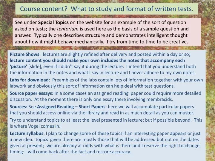 course content what to study and format of written tests