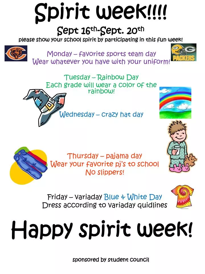 spirit week sept 16 th sept 20 th please show your school spirit by participating in this fun week