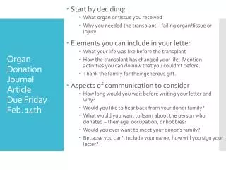 Organ Donation Journal Article Due Friday Feb. 14th