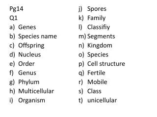 Pg14 Q1 Genes Species name Offspring Nucleus Order Genus Phylum Multicellular Organism Spores