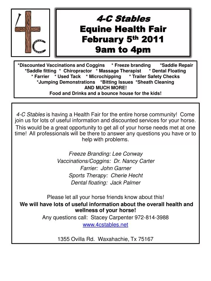4 c stables equine health fair february 5 th 2011 9am to 4pm