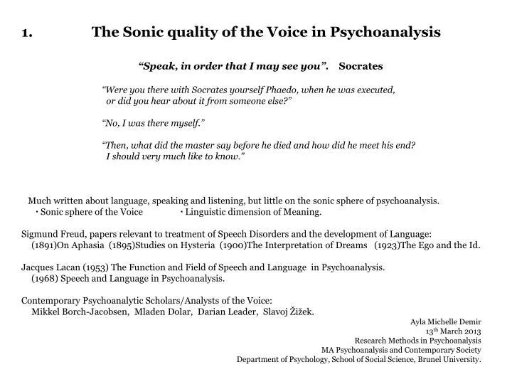 1 the sonic quality of the voice in psychoanalysis