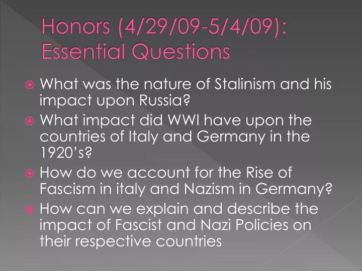 honors 4 29 09 5 4 09 essential questions