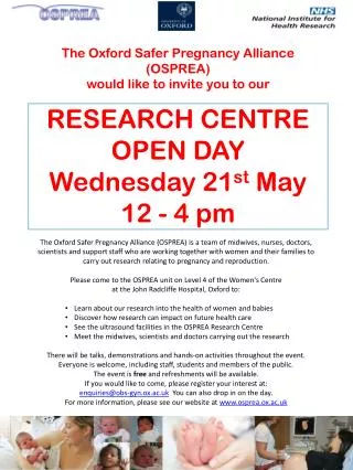 RESEARCH CENTRE OPEN DAY Wednesday 21 st May 12 - 4 pm