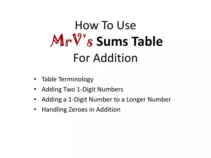 how to use mrv s sums table for addition
