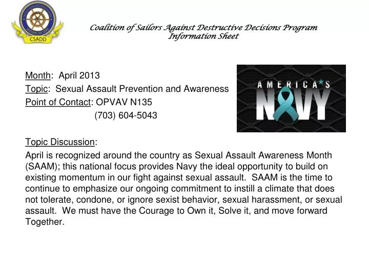 coalition of sailors against destructive decisions program information sheet