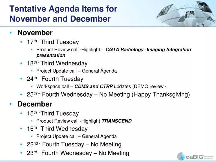 tentative agenda items for november and december
