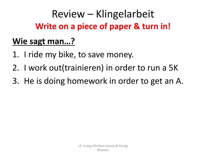 review klingelarbeit write on a piece of paper turn in