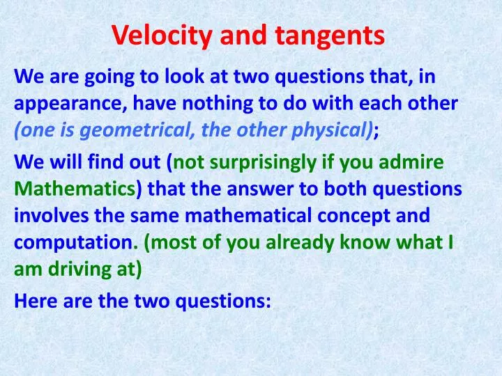velocity and tangents