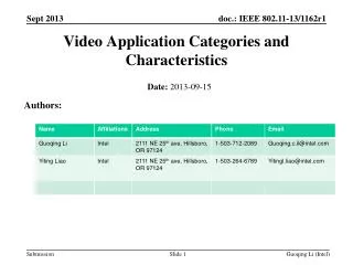 Video Application Categories and Characteristics