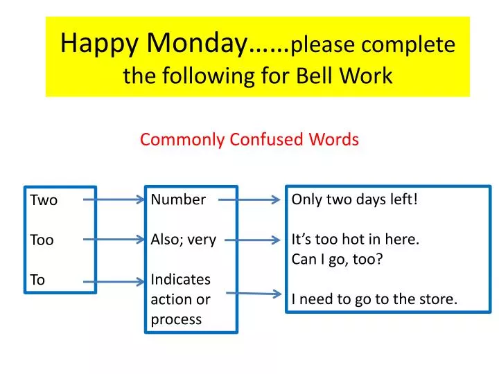 happy monday please complete the following for bell work