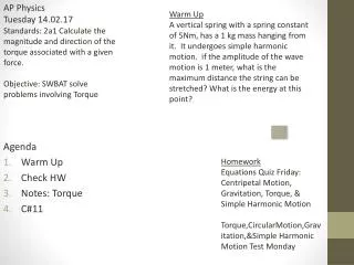 Agenda Warm Up Check HW Notes: Torque C#11