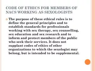 CODE OF ETHICS FOR MEMBERS OF NACS WORKING AS SEXOLOGISTS