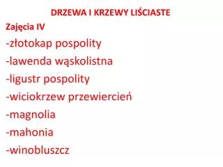 DRZEWA I KRZEWY LIŚCIASTE Zajęcia IV z łotokap pospolity l awenda wąskolistna l igustr pospolity