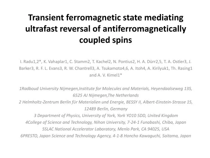 transient ferromagnetic state mediating ultrafast reversal of antiferromagnetically coupled spins