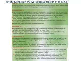 Key study: stress in the workplace Johansson et al. (1978)