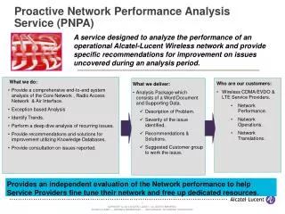 Proactive Network Performance Analysis Service (PNPA)