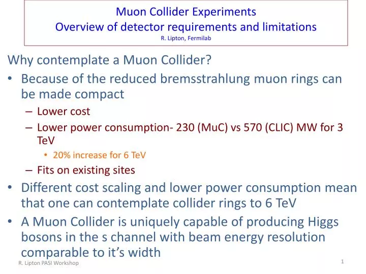 muon collider experiments o verview of detector requirements and limitations r lipton fermilab
