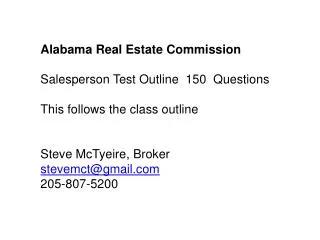 Alabama Real Estate Commission Salesperson Test Outline 150 Questions